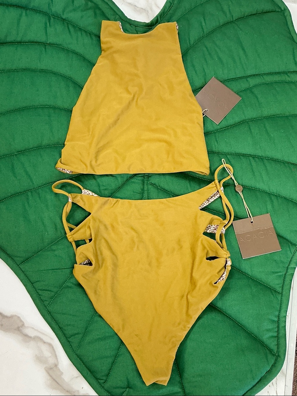 NWT Acacia Swimwear two pc set, size M. color: Mustard. Genoa top. Queens bottom